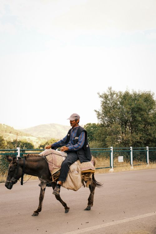 Free A man in casual attire riding a donkey on a rural road, with scenic landscape in the background. Stock Photo