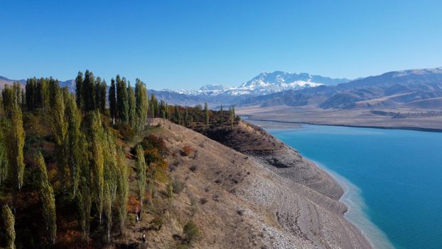 Aerial view of a serene mountain lake in Kyrgyzstan surrounded by trees and snow-capped peaks.