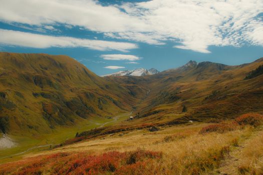 Explore the breathtaking autumn scenery of an alpine valley in Austria with vibrant fall colors and majestic mountains.