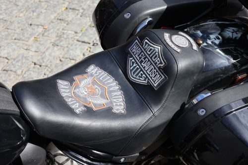 Free Detailed view of a Harley Davidson motorcycle seat with emblem and cobblestone background. Stock Photo