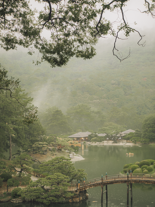 Free A tranquil view of a Japanese garden with a bridge and misty trees. Stock Photo