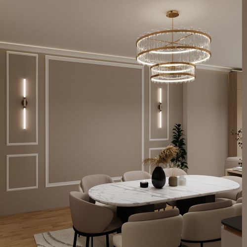 Free A stylish dining room featuring a marble table, chic chandelier, modern decor. Stock Photo