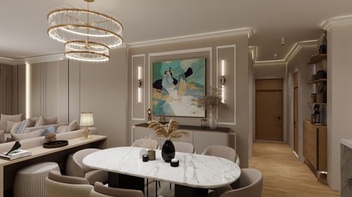 Free Luxurious modern living room with elegant decor and stylish chandelier. Stock Photo