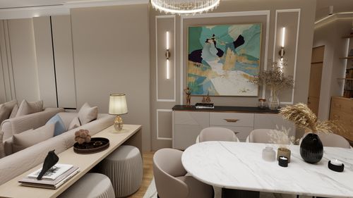 Free Stylish living room featuring abstract art, elegant furniture, and warm lighting. Stock Photo