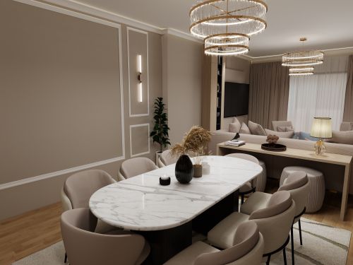 Free Luxurious modern dining room with marble table and elegant lighting. Stock Photo