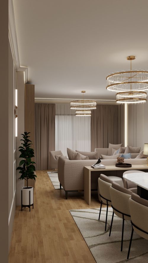 Free Spacious modern living room featuring elegant chandeliers and contemporary furniture. Stock Photo