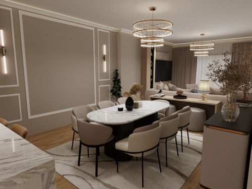 Free Stylish contemporary dining and living room interior with chic decor and soft lighting. Stock Photo