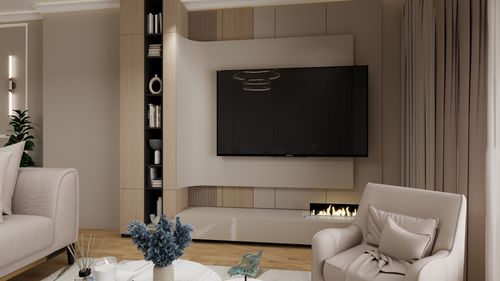 Free Elegant living room interior with modern fireplace and large TV setup. Stock Photo