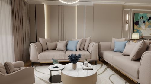 Free Luxurious beige and blue-themed modern living room interior design with stylish furniture and decor. Stock Photo