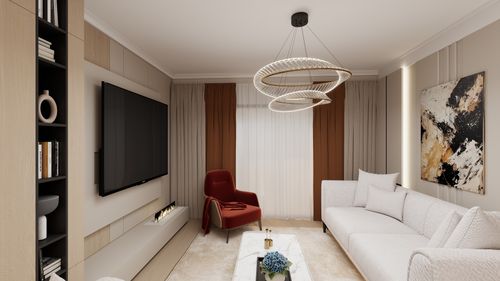 Free Stylish modern living room with chic chandelier and abstract art. Stock Photo