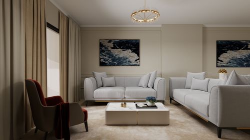 Free Spacious living room with modern decor, neutral tones, and cozy seating arrangement. Stock Photo