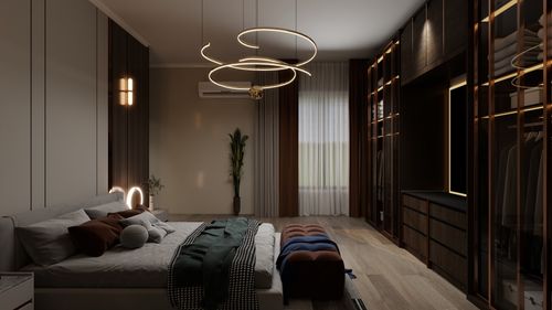 Free Sophisticated modern bedroom featuring elegant lighting and luxurious decor. Stock Photo