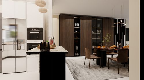 Free Sleek modern kitchen and dining area with stylish decor and lighting. Stock Photo