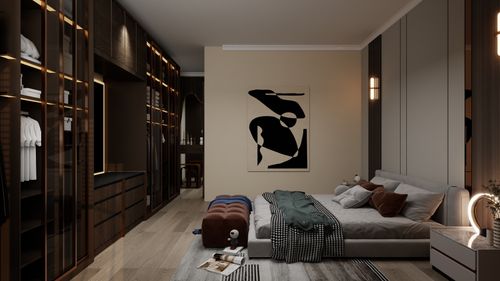 Free Luxurious bedroom interior featuring modern furnishings and elegant decor elements. Stock Photo