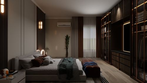 Free A modern, cozy bedroom with stylish decor and soft lighting, featuring a neatly arranged bed and a minimalistic design. Stock Photo