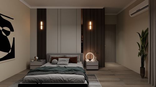 Free Chic and modern minimalist bedroom featuring cozy lighting and stylish decor. Stock Photo