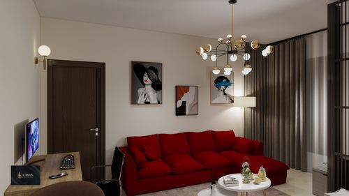 Free Elegant living room featuring a striking red sofa and contemporary decor. Stock Photo