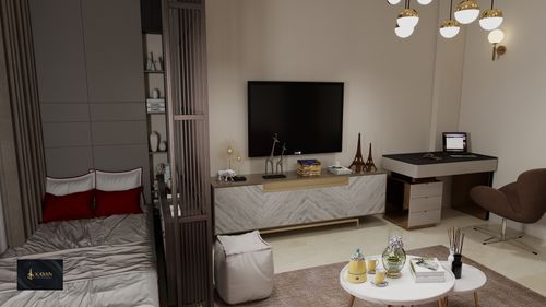 Free Elegant living room featuring modern decor, workspace, and cozy bedroom nook. Stock Photo