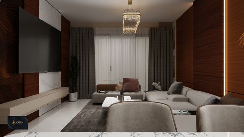 Free Sophisticated living room design featuring a large TV, sleek furniture, and soft lighting. Stock Photo