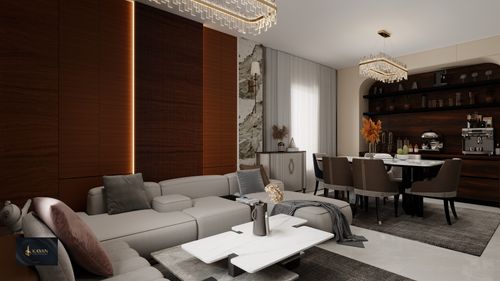 Free Stylish modern living room with elegant furniture, chandeliers, and warm tones. Stock Photo