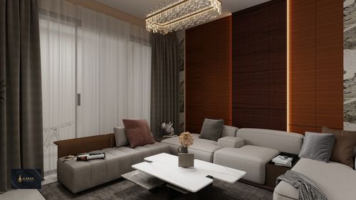 Free Chic and cozy living room featuring sleek furniture and stylish lighting. Stock Photo