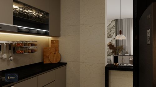 Free A sleek kitchen showcasing spice jars, cutting boards, and stylish decor. Stock Photo