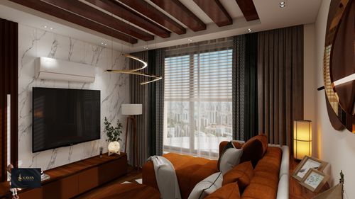 Free Modern living room interior with city view, featuring elegant decor and warm lighting. Stock Photo