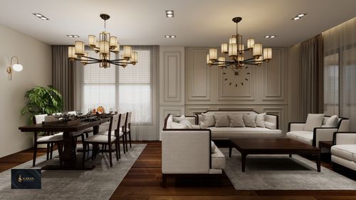 Free Luxurious living room with modern chandeliers and dining area, stylishly decorated. Stock Photo