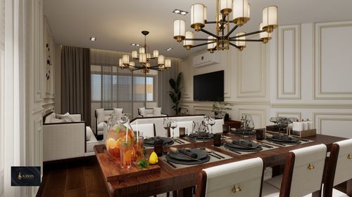 Free Luxurious dining room with modern chandeliers and elegant table setting. Stock Photo