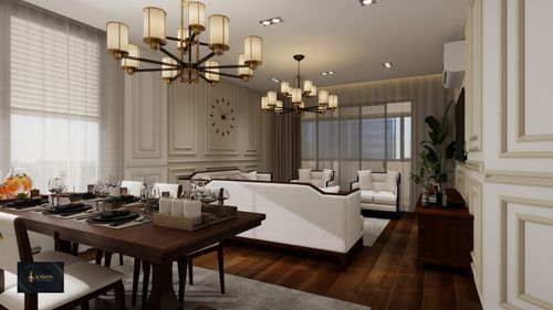 Free Luxurious dining and living room with chandelier lighting, minimalistic decor, and elegant furnishings. Stock Photo