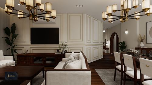 Free Stylish living room featuring modern chandelier, elegant furniture, and neutral tones. Stock Photo