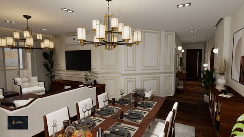 Free Modern elegant dining area with luxurious chandelier and stylish decor. Stock Photo