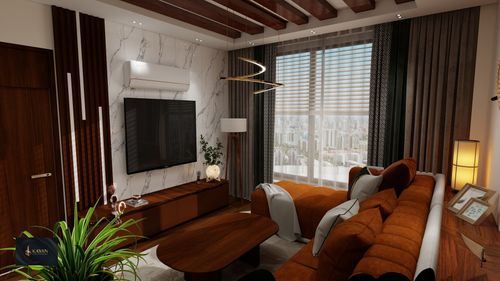 Free Stylish living room with chic decor, city view, and natural lighting. Stock Photo