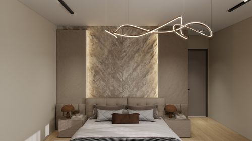 Free Elegant modern bedroom featuring sophisticated lighting and minimalist design elements. Stock Photo