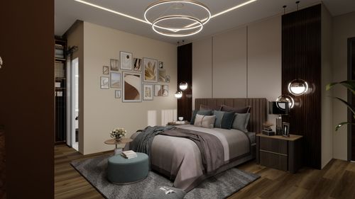 Free Cozy modern bedroom featuring elegant decor and soft lighting. Stock Photo