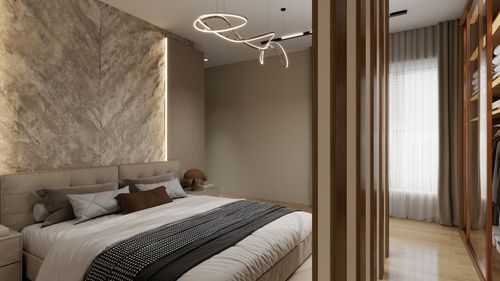 Free Contemporary bedroom design with stylish lighting and cozy bedding. Stock Photo