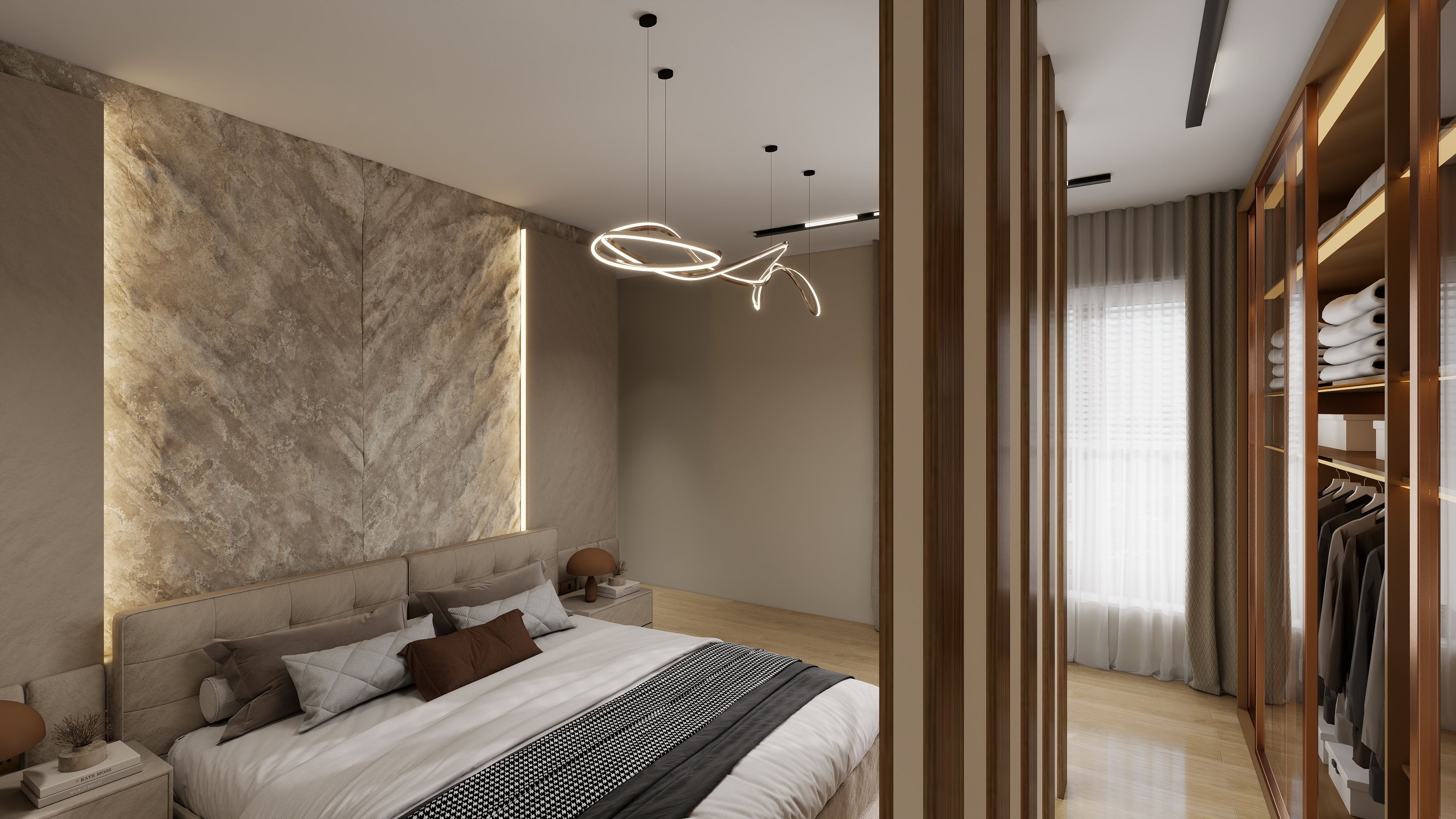 Stylish bedroom with luxurious decor and spacious walk-in closet.