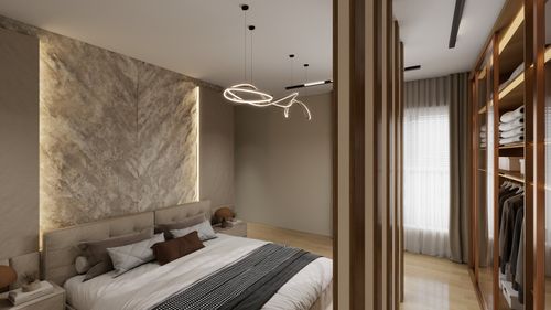 Free Stylish bedroom with luxurious decor and spacious walk-in closet. Stock Photo