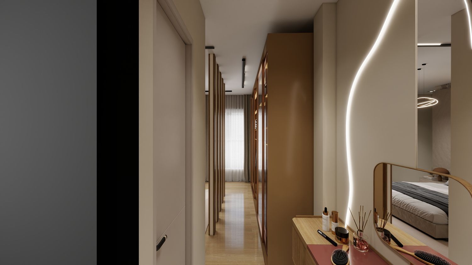 Sleek walk-in dressing suite with warm integrated led reveals