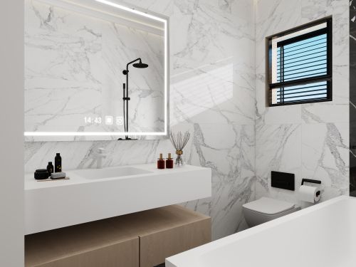 Free Stylish modern bathroom featuring marble tiles, large mirror, and minimalistic design. Stock Photo