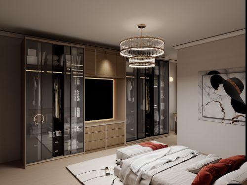 Free Luxurious modern bedroom featuring a crystal chandelier, glass wardrobes, and minimalist decor. Stock Photo