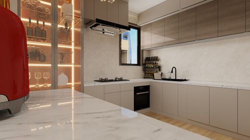Free Elegant modern kitchen with marble countertops, wooden cabinets, and warm lighting. Stock Photo
