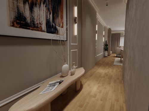 Free Elegant hallway featuring minimalist decor with wooden floor and abstract art. Stock Photo