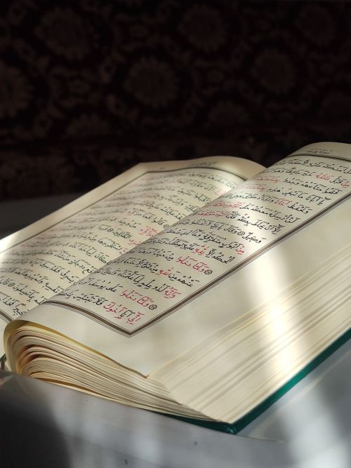 Free Open book in Arabic script illuminated by sunlight with intricate page details. Stock Photo