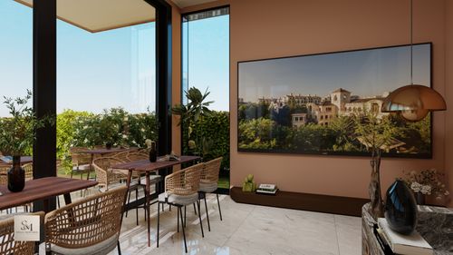 Free Stylish cafe interior with large windows overlooking greenery on a sunny day. Stock Photo
