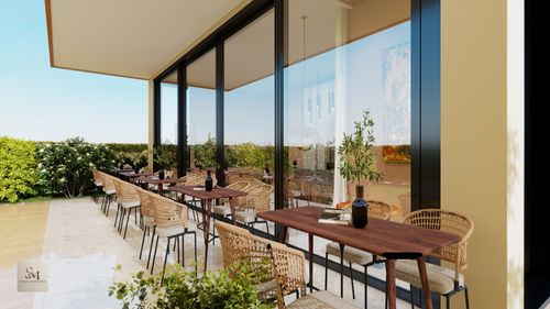 Free Beautiful modern cafe terrace with elegant wicker chairs and wooden tables, perfect for dining. Stock Photo