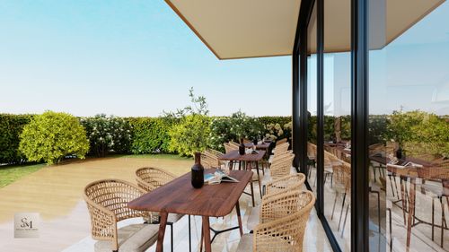Free Elegant outdoor dining with wicker chairs and wooden tables on a sunny patio. Stock Photo