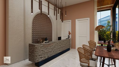 Free Stylish reception area featuring contemporary design and natural light. Stock Photo