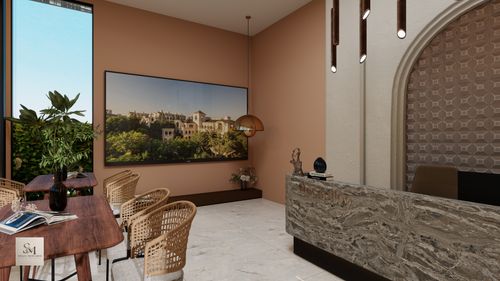 Free Stylish office reception area with modern furniture and decor. Stock Photo