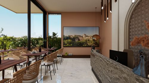 Free Stylish indoor dining area with an outdoor view, showcasing modern design elements. Stock Photo